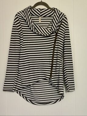 My Beloved Grey & White Striped Asymmetrical Zip Pullover Hoodie